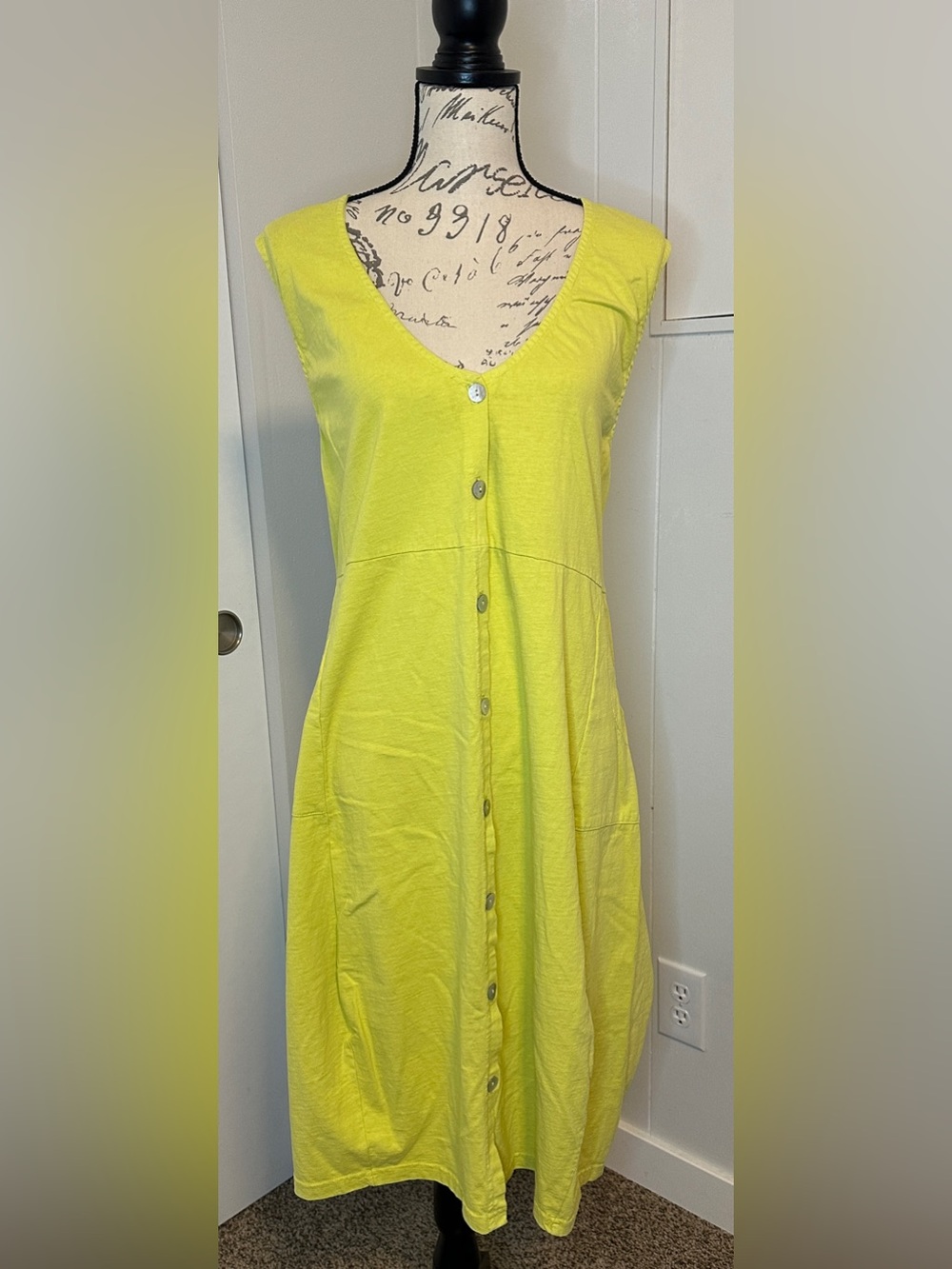 Fenini Chartreuse Button-Front Midi Dress Artsy Lagenlook L/XL Cotton